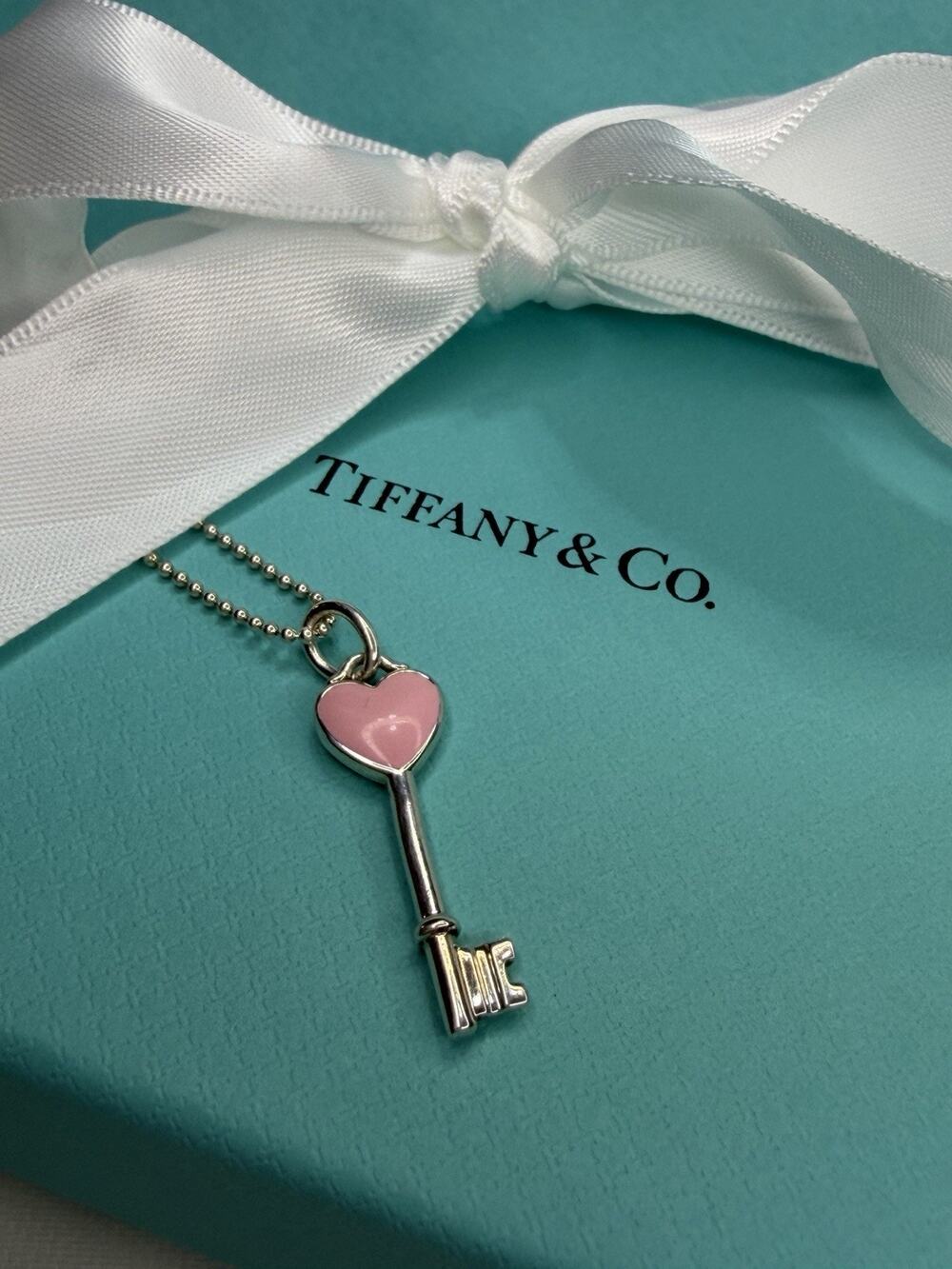 Tiffany & Co. Pink Enamel Heart Key Beaded Sterling Silver 925 Pendant Necklace